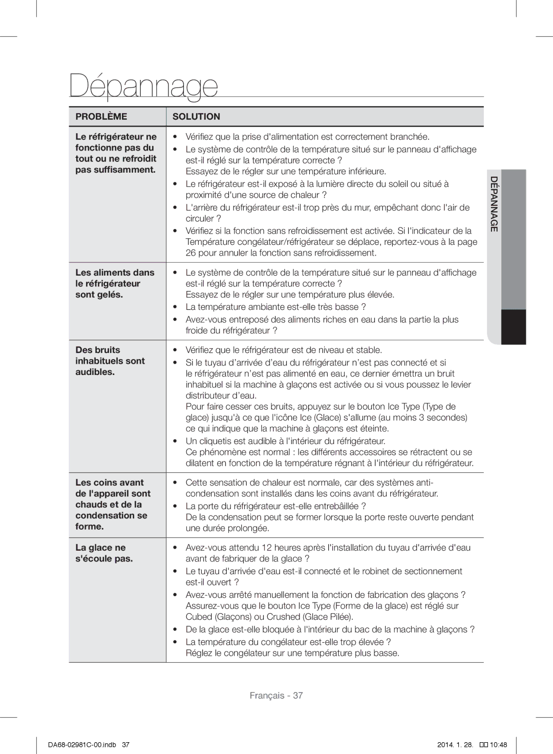 Samsung RS25H5223SL/ZA manual Dépannage 