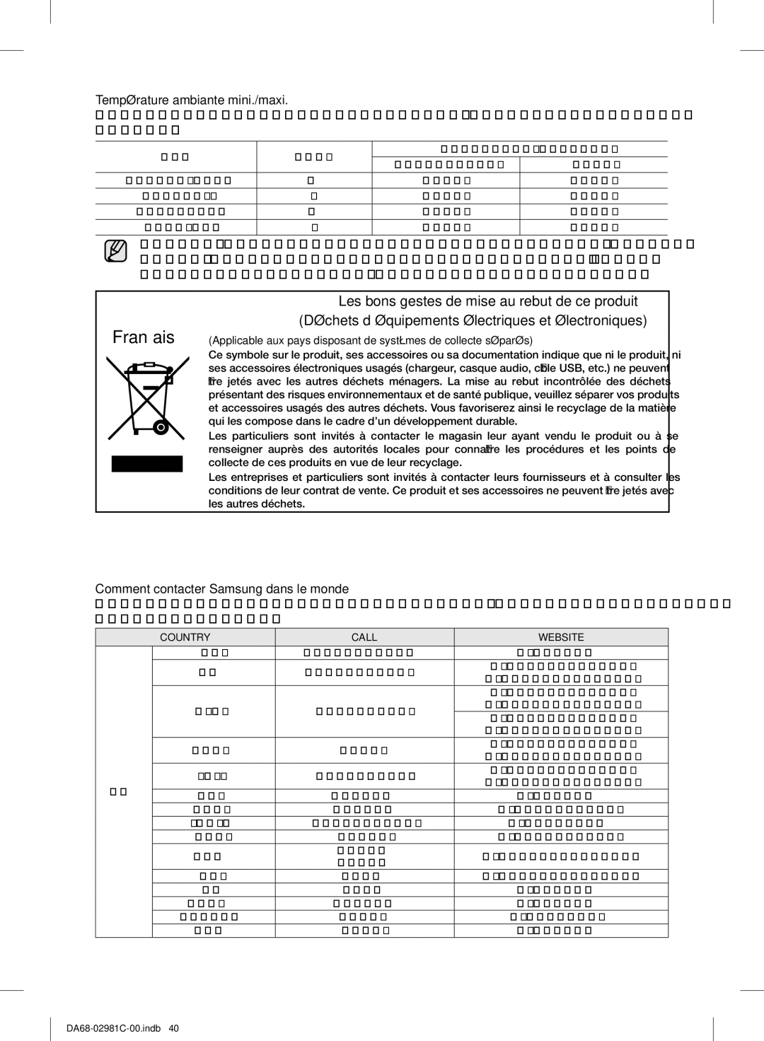 Samsung RS25H5223SL/ZA manual Température ambiante mini./maxi, Comment contacter Samsung dans le monde 