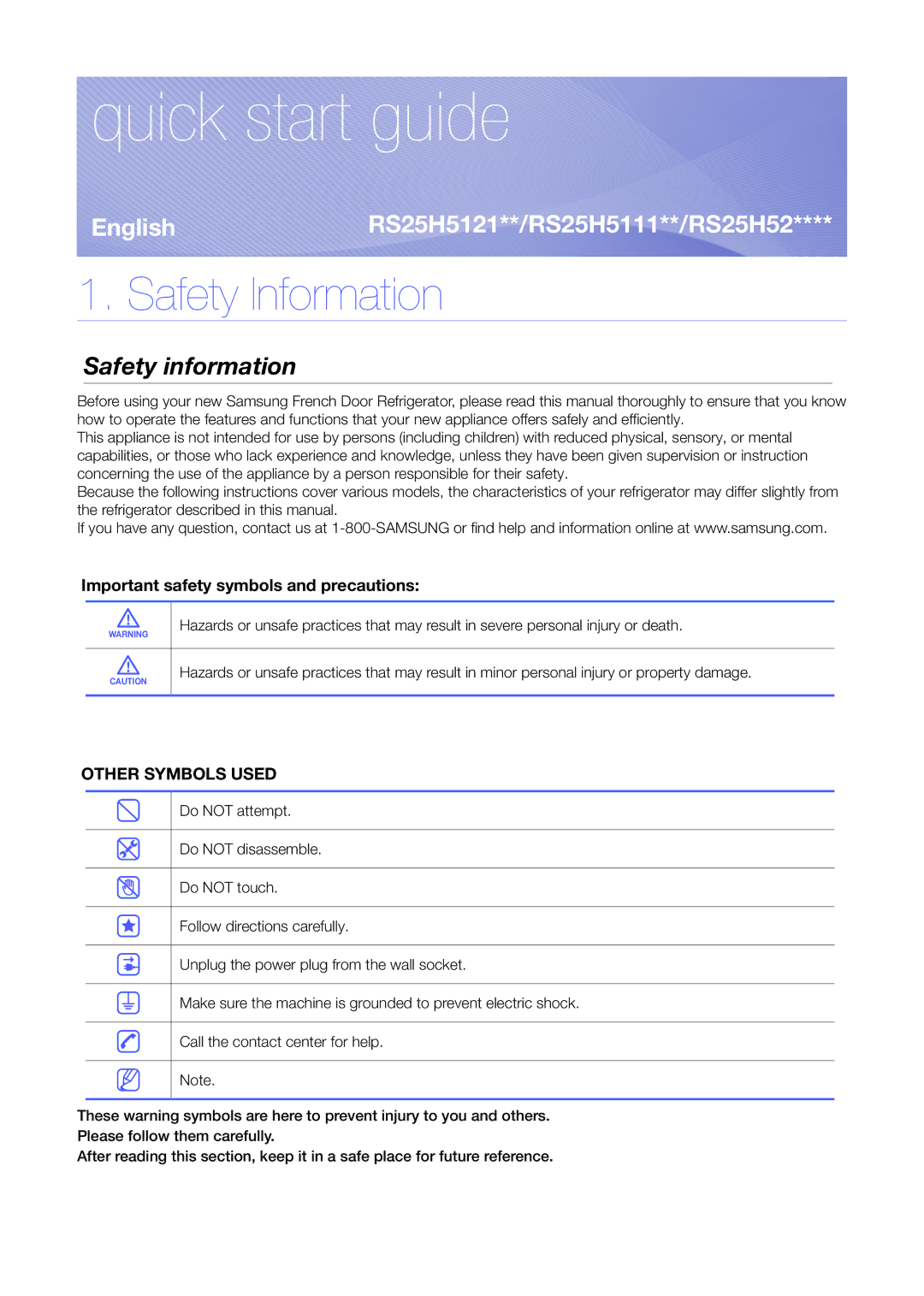 Samsung RS25H5223SL/ZA manual Quick start guide, Safety Information 