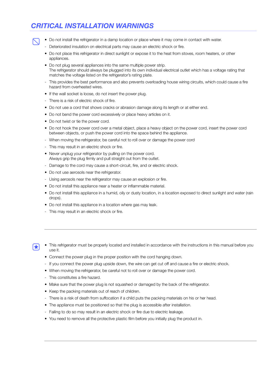 Samsung RS25H5223SL/ZA manual Critical Installation Warnings 