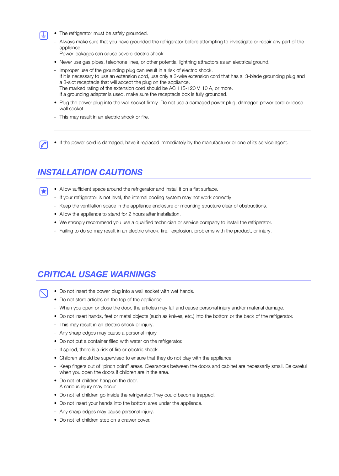 Samsung RS25H5223SL/ZA manual Installation Cautions, Critical Usage Warnings 