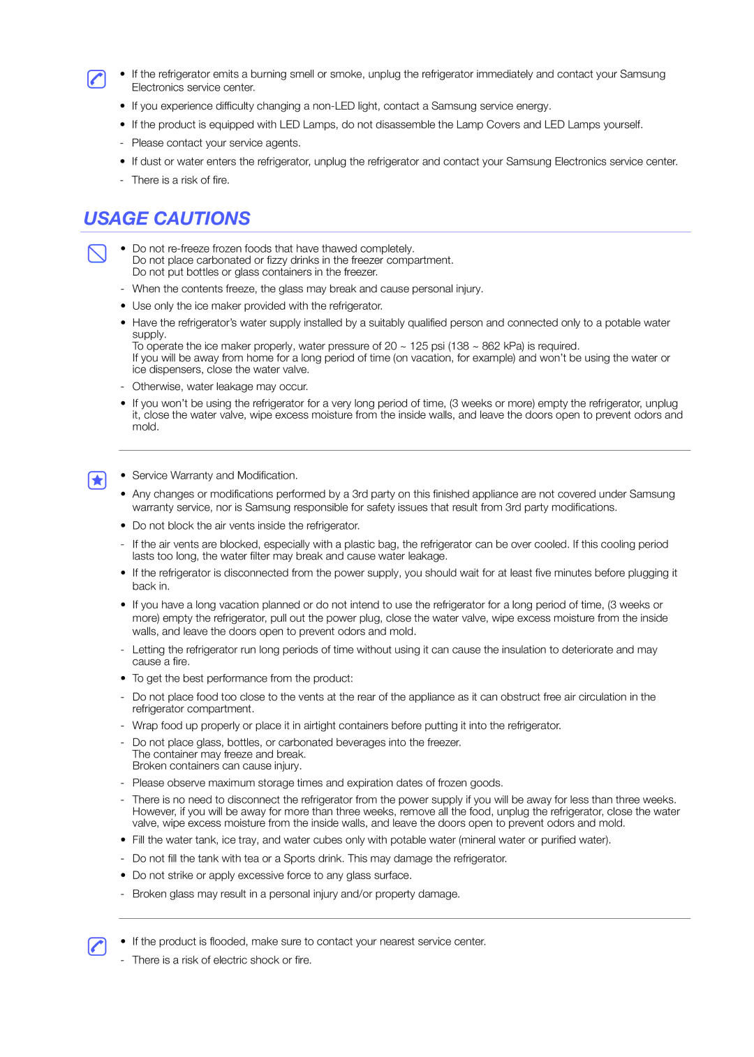 Samsung RS25H5223SL/ZA manual Usage Cautions, Do not re-freeze frozen foods that have thawed completely 