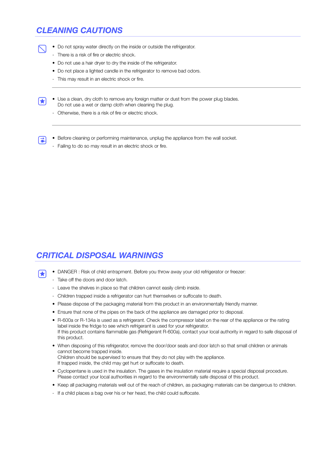 Samsung RS25H5223SL/ZA manual Cleaning Cautions, Critical Disposal Warnings 