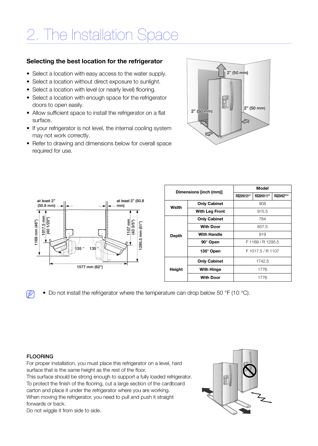 Samsung RS25H5223SL/ZA manual Installation Space, Selecting the best location for the refrigerator 