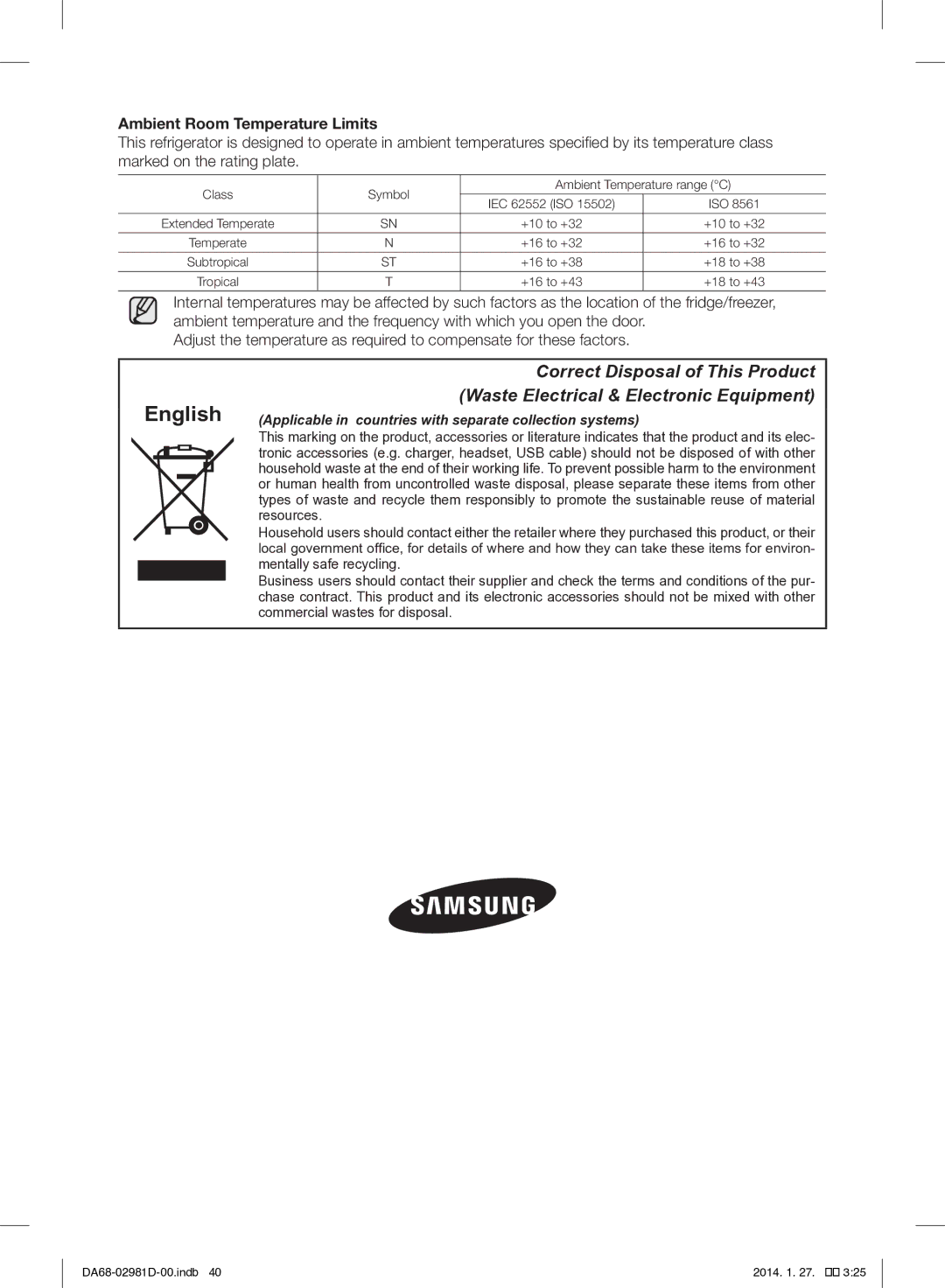 Samsung RS25H5223SP/ML manual English, Ambient Room Temperature Limits 