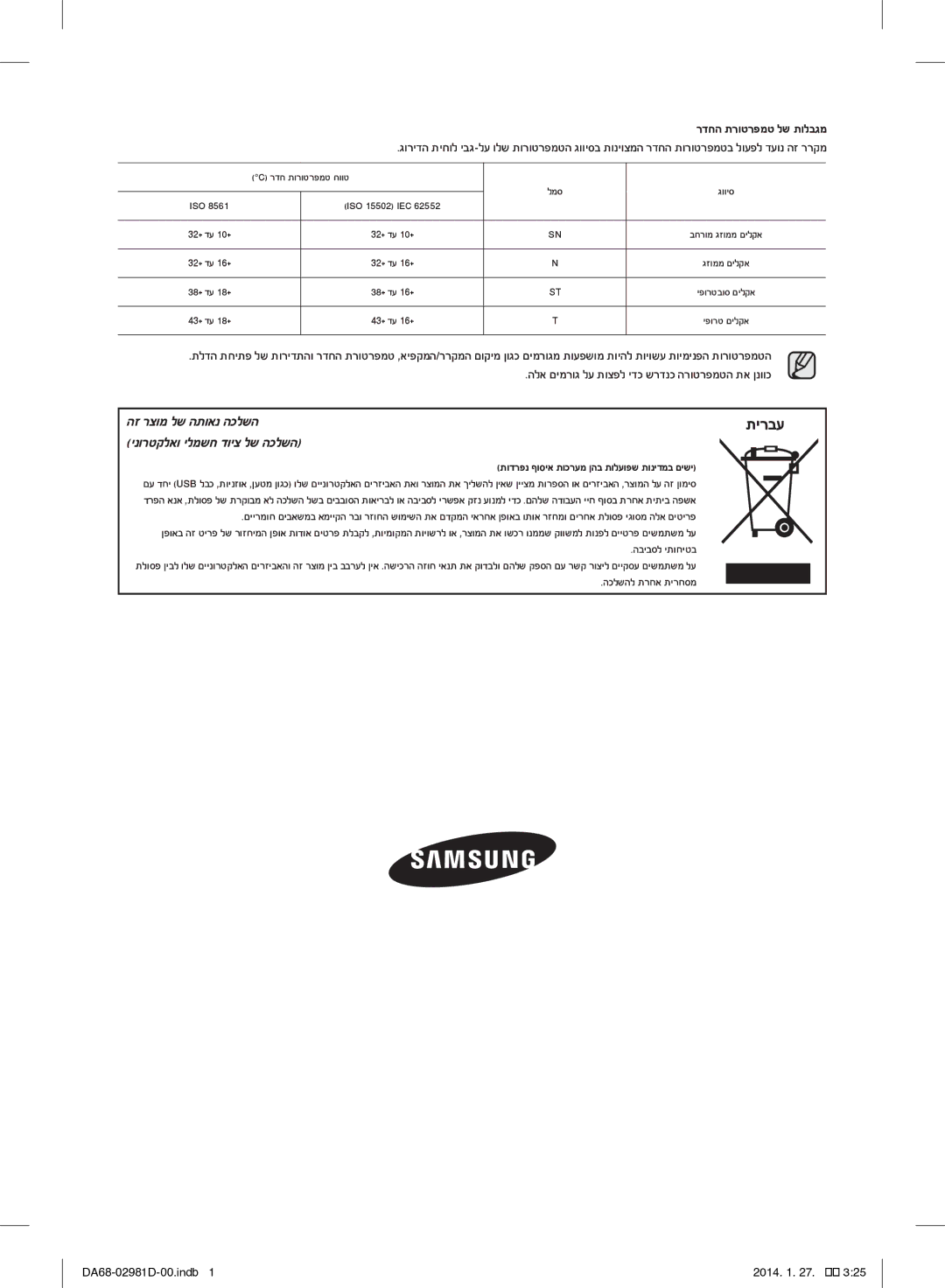 Samsung RS25H5223SP/ML manual רדחה תרוטרפמט לש תולבגמ, הלא םימרוג לע תוצפל ידכ שרדנכ הרוטרפמטה תא ןנווכ 