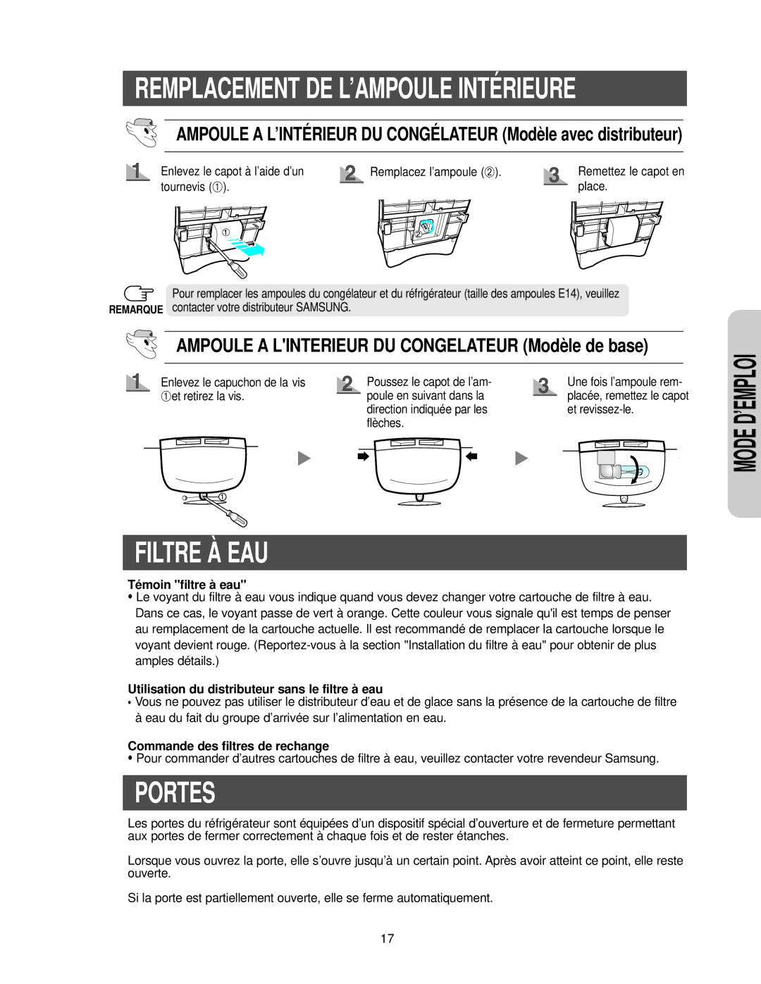 Samsung RS24KANS1/CAH manual Filtre À EAU, Portes, Témoin filtre à eau, Utilisation du distributeur sans le filtre à eau 