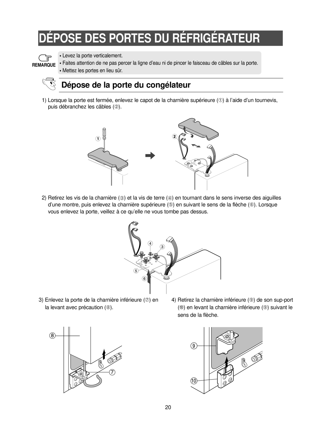 Samsung RS25KLAT1/XEF, RS25KCSW1/XEF, RS25KCSL1/XEF, RS24KANS1/CAF, RS25KLDW1/XEF manual Dépose de la porte du congélateur 