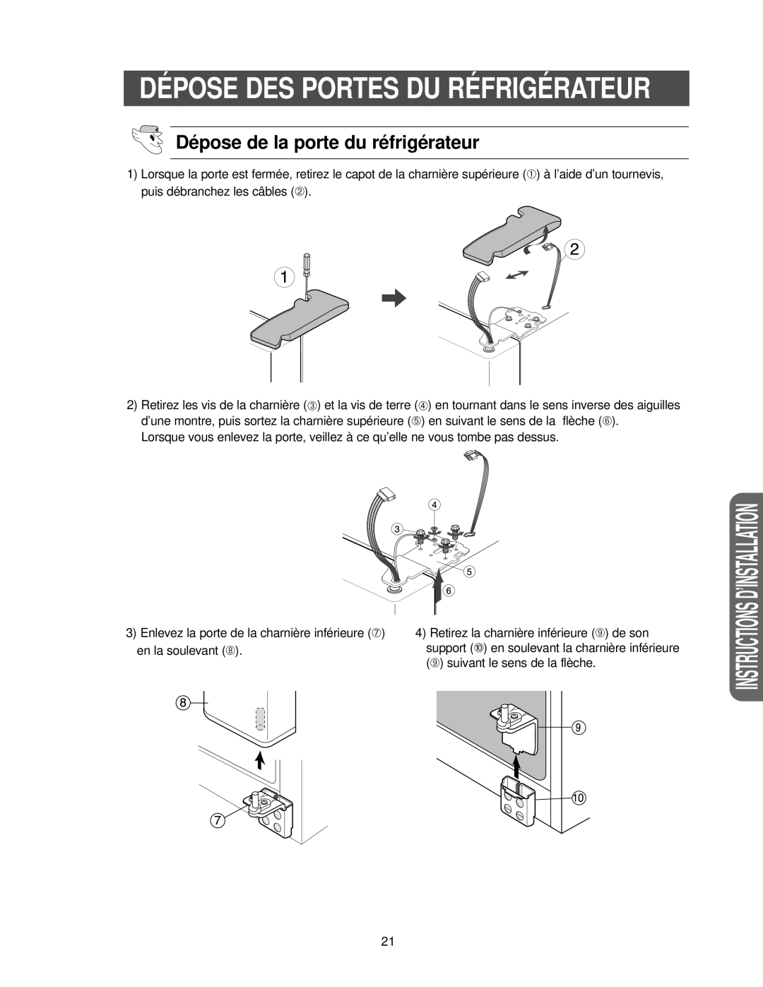 Samsung RS24FASW1/CAF, RS25KCSW1/XEF, RS25KCSL1/XEF Dépose DES Portes DU Réfrigérateur, Dépose de la porte du réfrigérateur 