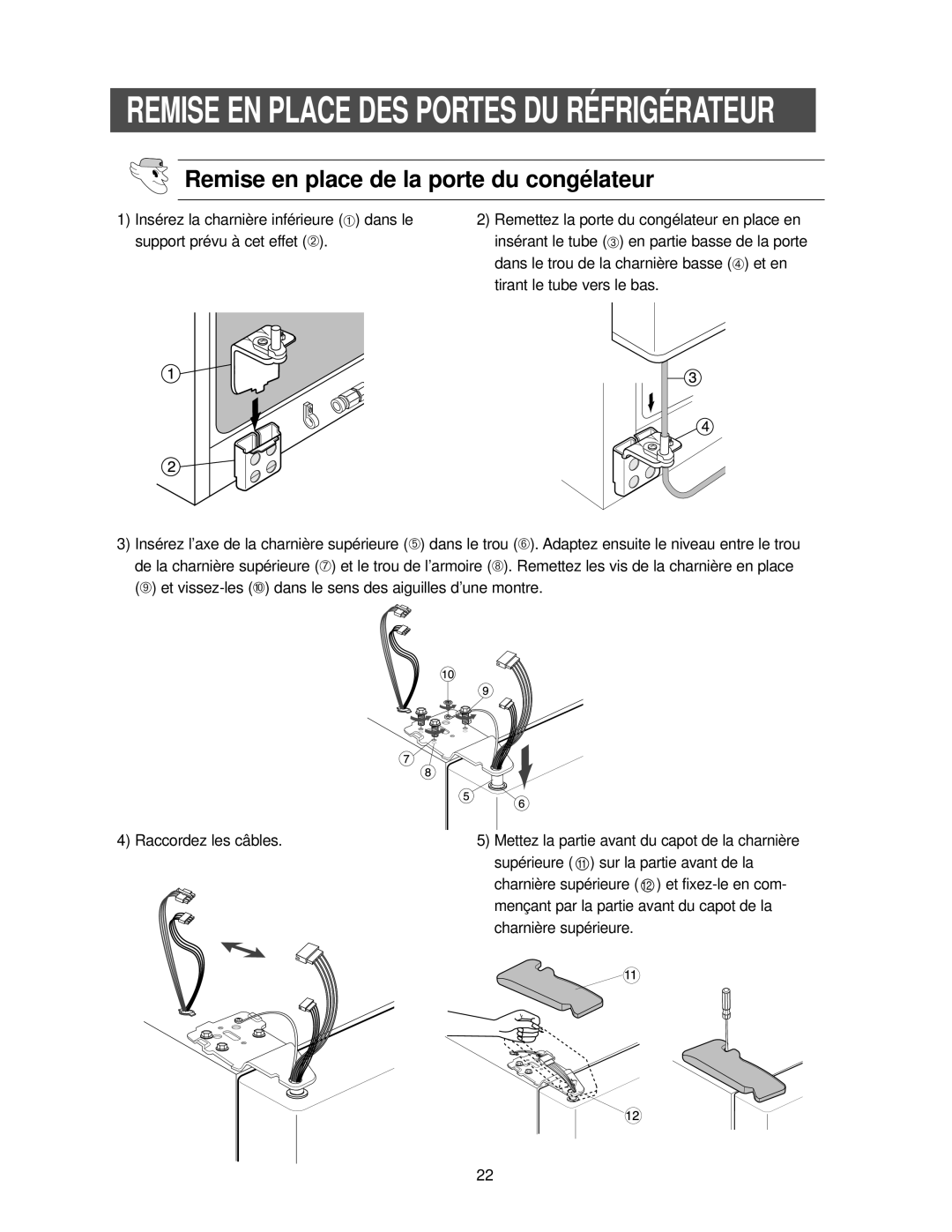 Samsung RS24FASW1/CAH, RS25KCSW1/XEF Remise en place de la porte du congélateur, Supérieure 11 sur la partie avant de la 