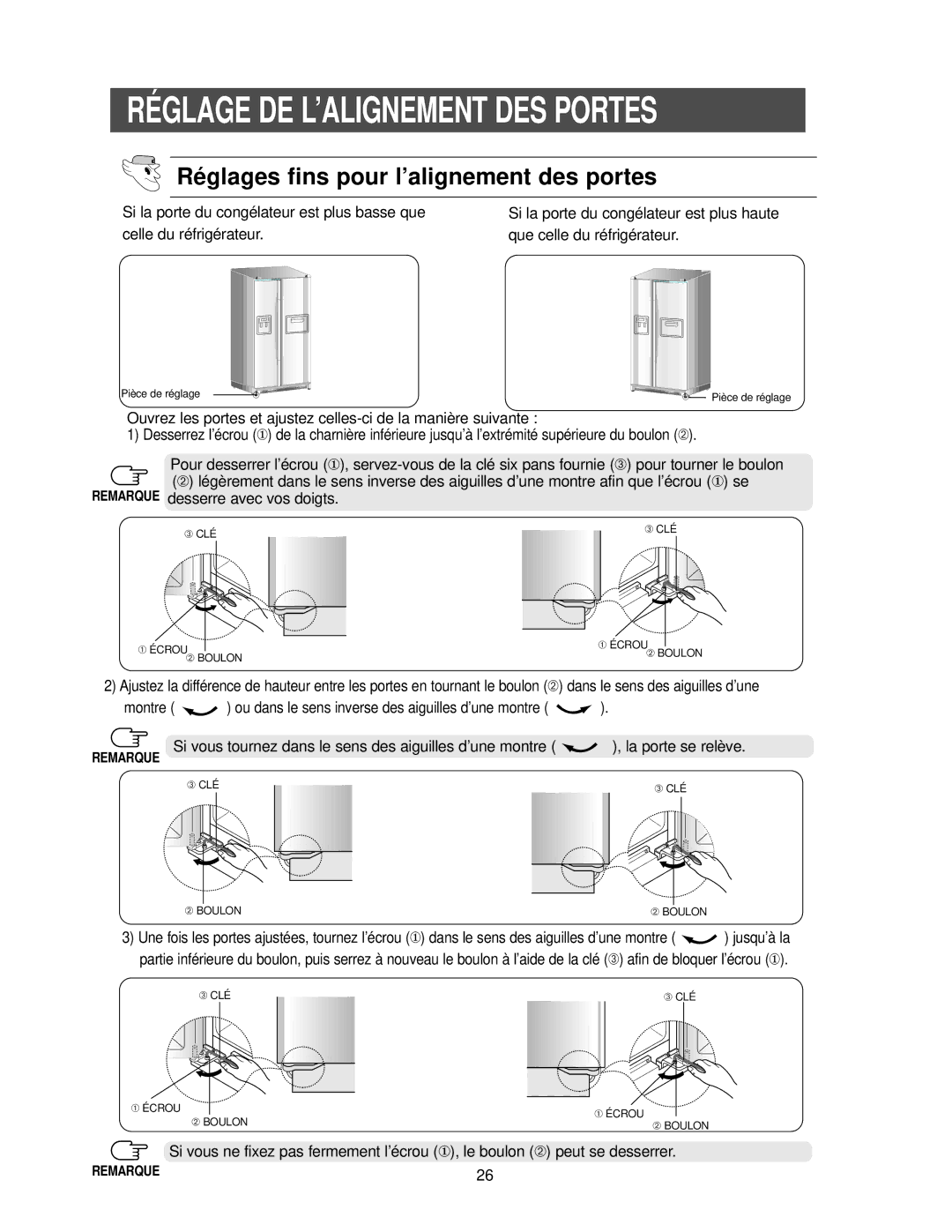 Samsung RS25KCSW1/XEF, RS25KCSL1/XEF manual Réglage DE L’ALIGNEMENT DES Portes, Réglages fins pour l’alignement des portes 