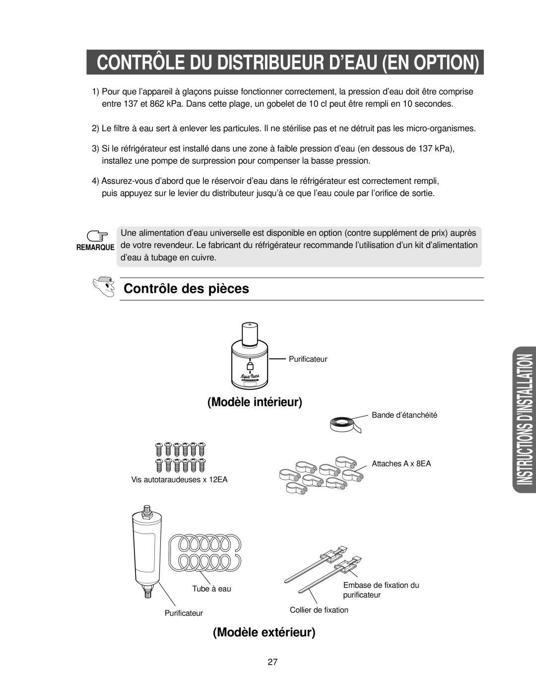 Samsung RS25KCSL1/XEF, RS25KCSW1/XEF, RS24KANS1/CAF manual Contrôle DU Distribueur D’EAU EN Option, Contrôle des pièces 