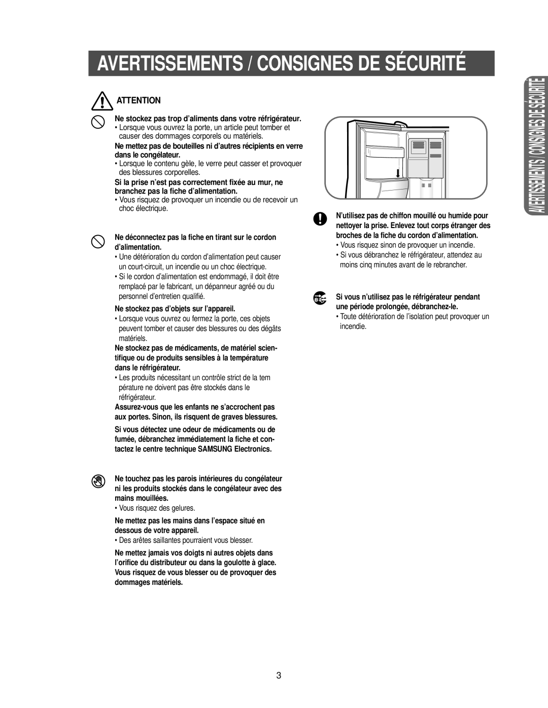 Samsung RS25KLDW1/XEF, RS25KCSW1/XEF, RS25KCSL1/XEF, RS24KANS1/CAF, RS24KANS1/CAH manual Avertissements / Consignes DE Sécurité 