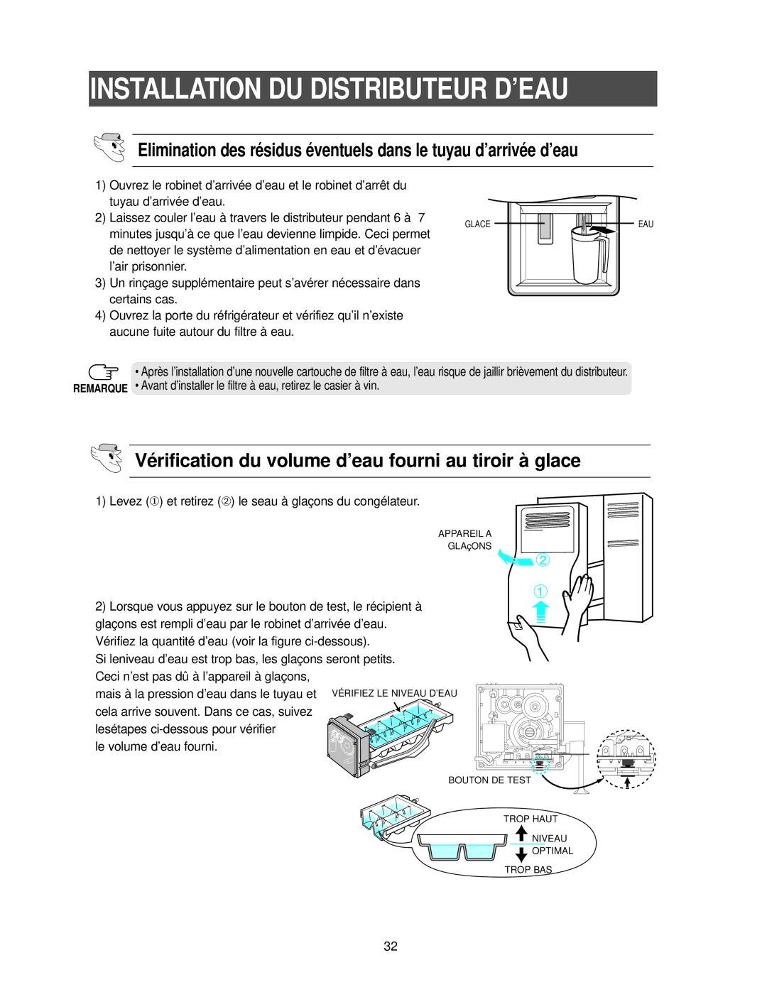 Samsung RS27KLDW1/XEM, RS25KCSW1/XEF, RS25KCSL1/XEF, RS24KANS1/CAF Vérification du volume d’eau fourni au tiroir à glace 