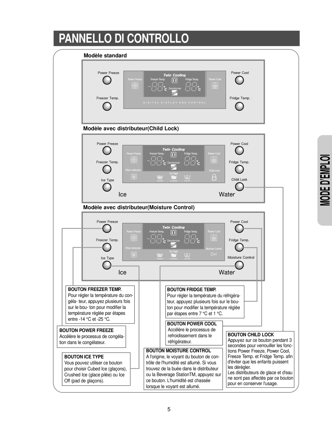 Samsung RS25FCSW1/XEF, RS25KCSW1/XEF, RS25KCSL1/XEF, RS24KANS1/CAF, RS25KLDW1/XEF manual Pannello DI Controllo, Mode D’EMPLOI 