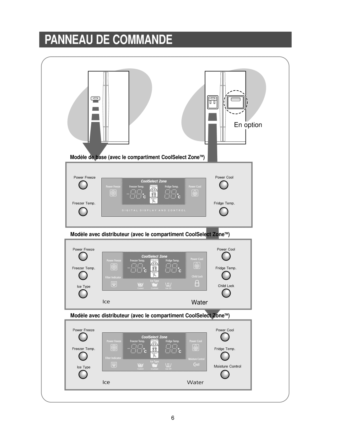 Samsung RS27KLDW1/XEM, RS25KCSW1/XEF, RS25KCSL1/XEF, RS24KANS1/CAF, RS25KLDW1/XEF, RS2577SW/XAA Panneau DE Commande, En option 