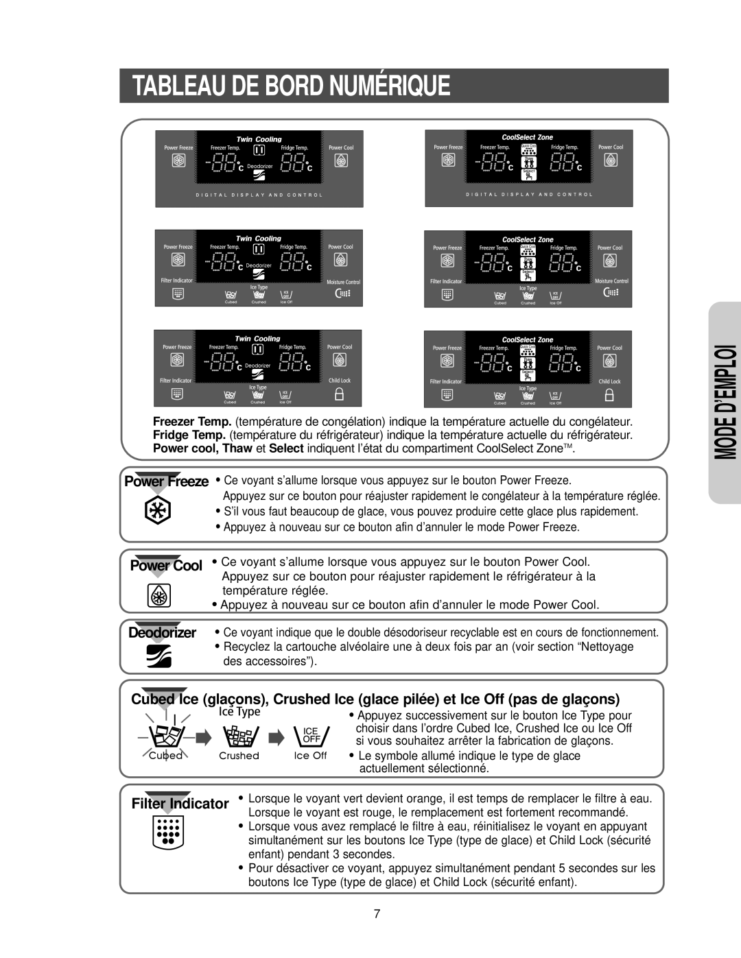 Samsung RS25KLAT1/XEF, RS25KCSW1/XEF, RS25KCSL1/XEF, RS24KANS1/CAF, RS25KLDW1/XEF Tableau DE Bord Numérique, Power Freeze 