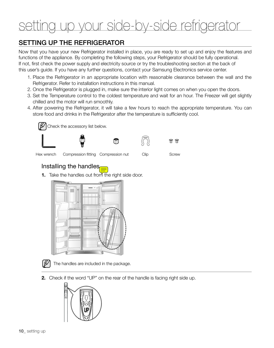 Samsung RS261M** user manual SETTING UP the refrigerator, Installing the handles, setting up your side-by-side refrigerator 