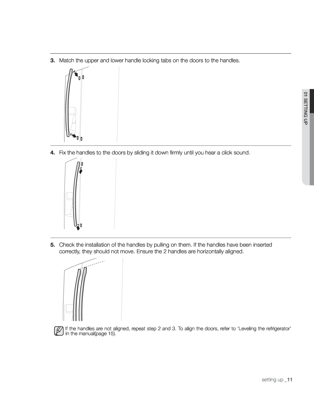 Samsung RS261M** user manual Match the upper and lower handle locking tabs on the doors to the handles 