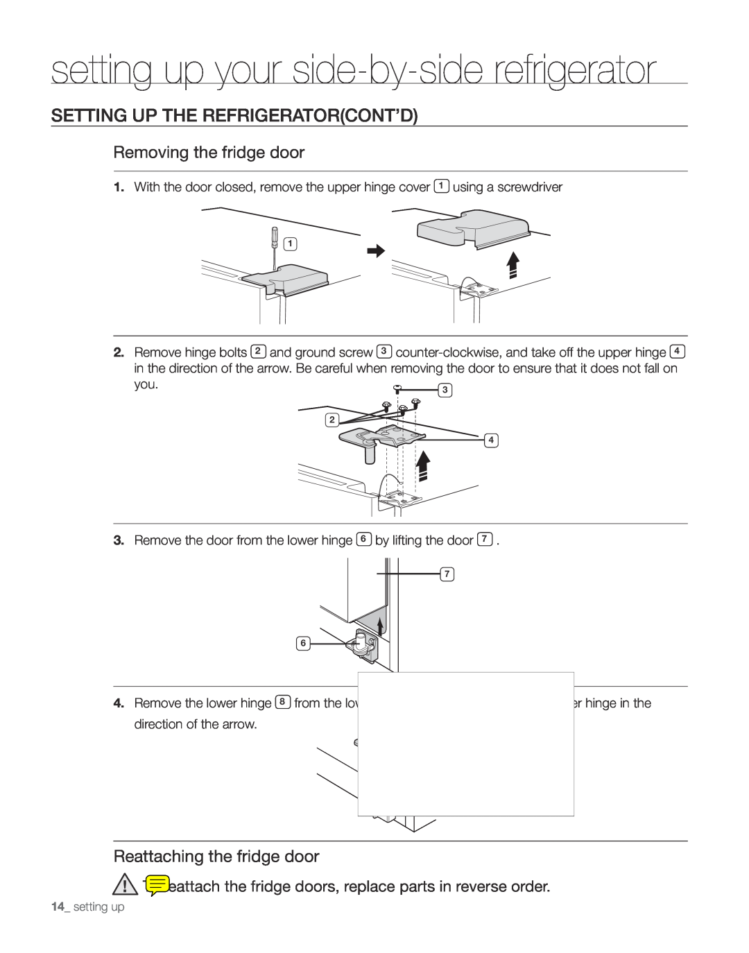 Samsung RS261M** Removing the fridge door, Reattaching the fridge door, setting up your side-by-side refrigerator 