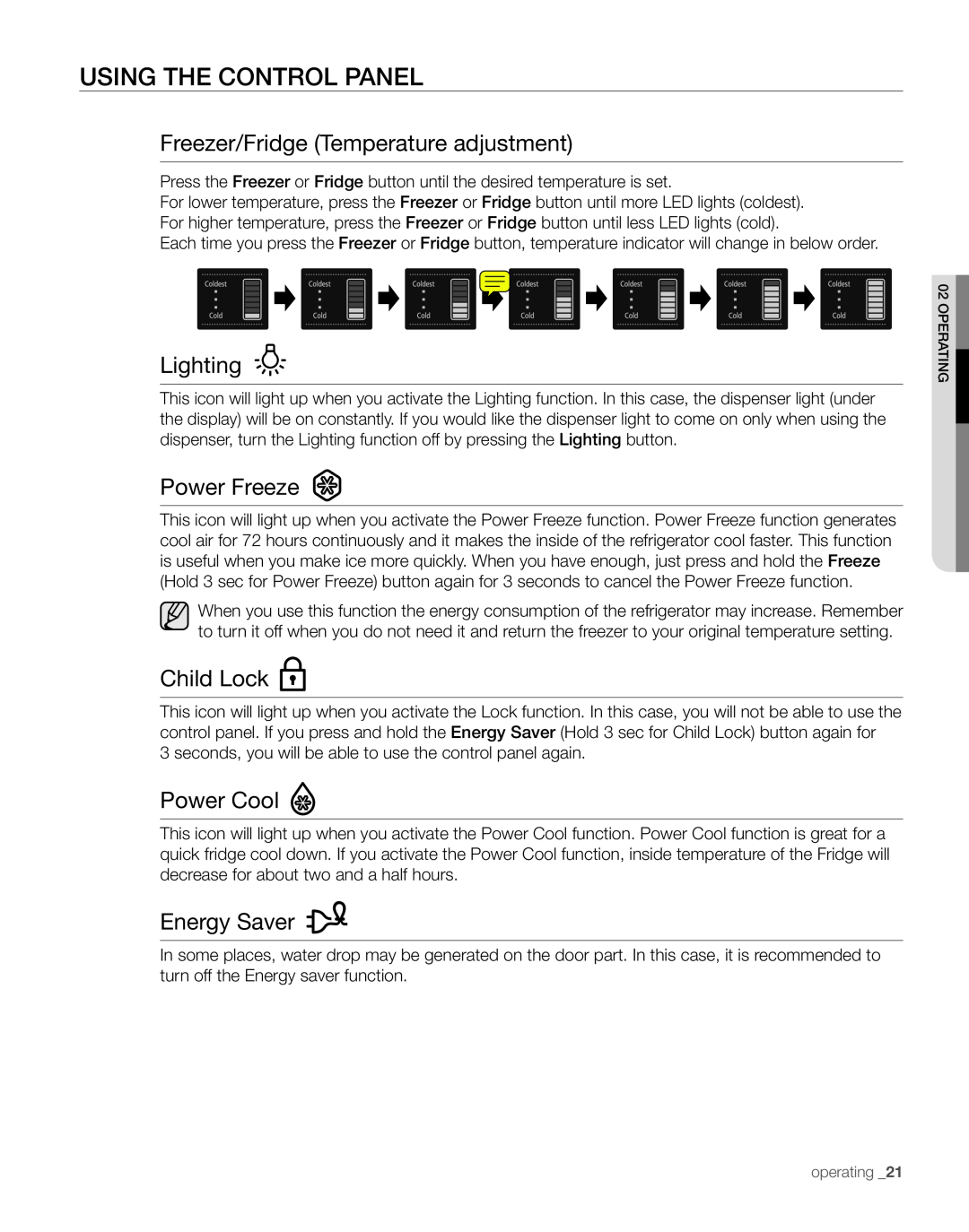 Samsung RS261M** Using The Control Panel, Freezer/Fridge Temperature adjustment, Lighting, Power Freeze, Child Lock 