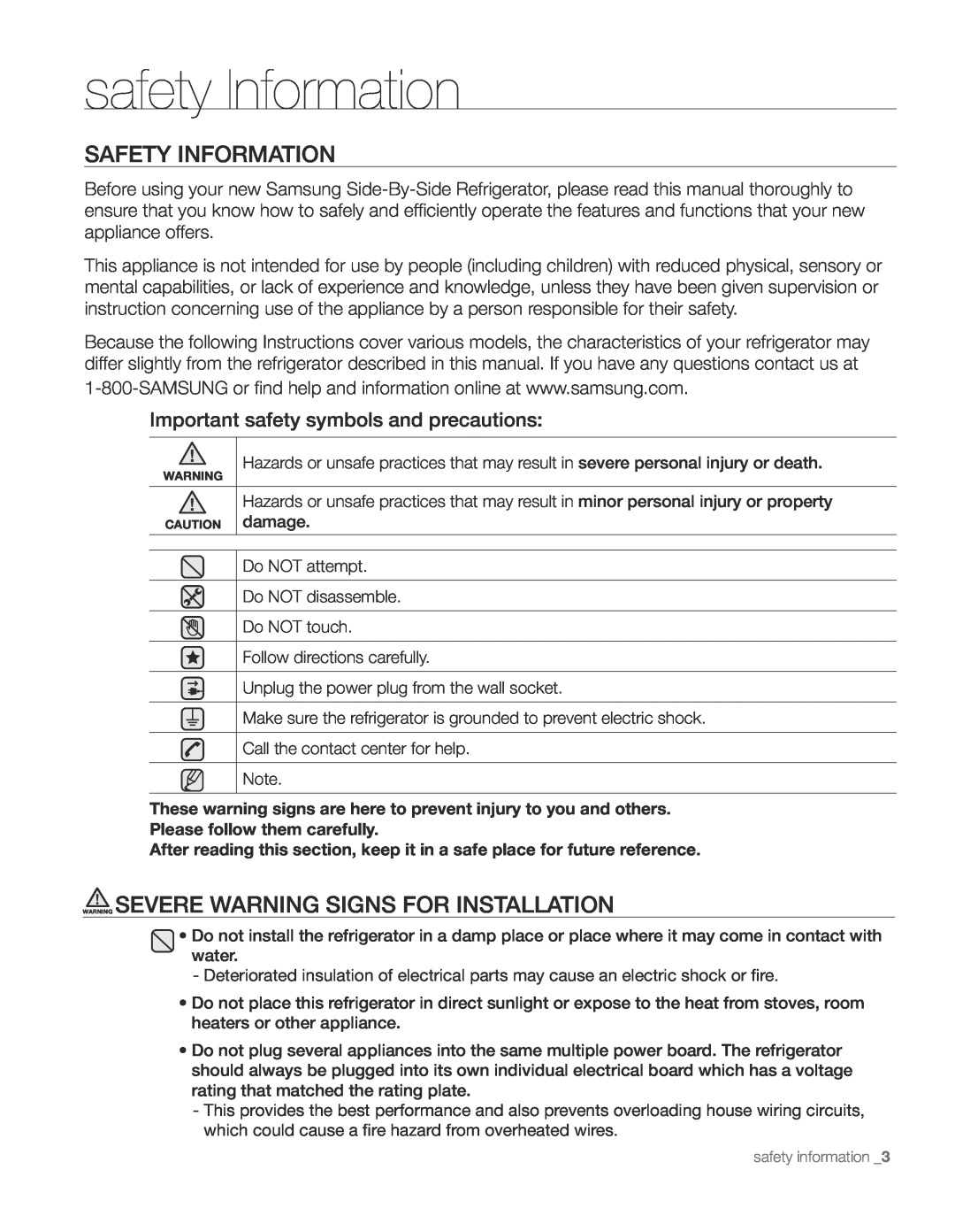 Samsung RS261M** user manual safety Information, Safety Information, Warning Severe Warning Signs For Installation 