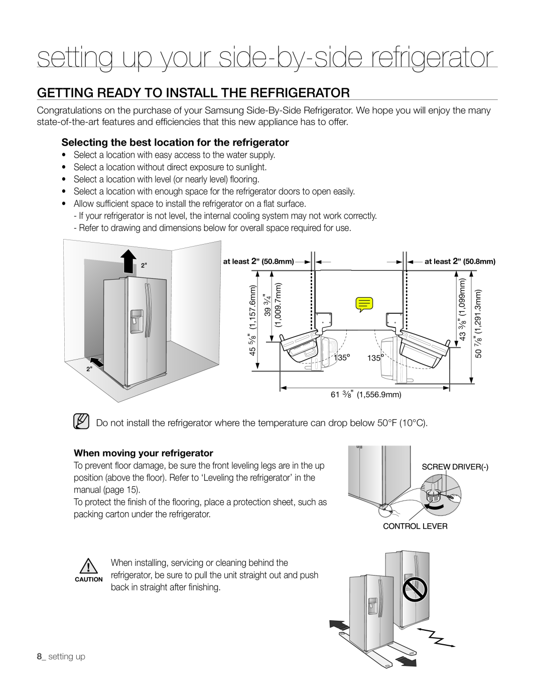 Samsung RS261M** user manual setting up your side-by-side refrigerator, Getting ready to install the refrigerator 