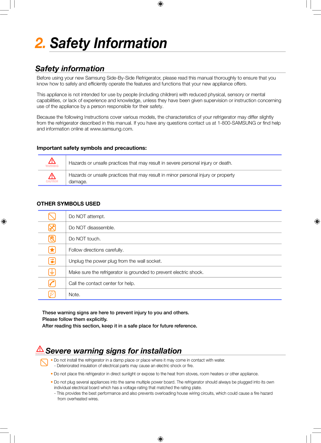 Samsung RS261MD** quick start Safety Information, Safety information 