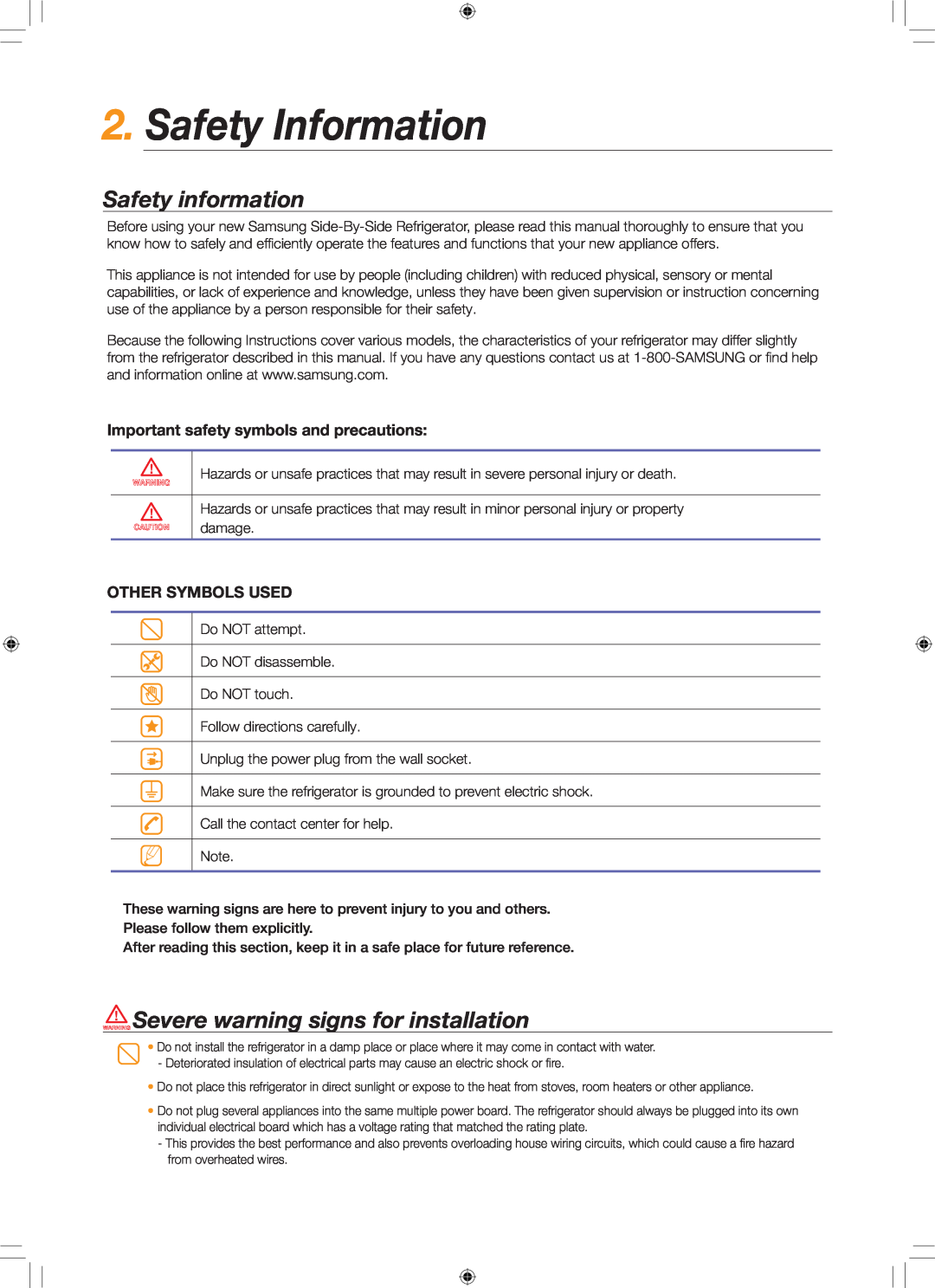 Samsung RS261MD** quick start Safety Information, Safety information, WARNING Severe warning signs for installation 