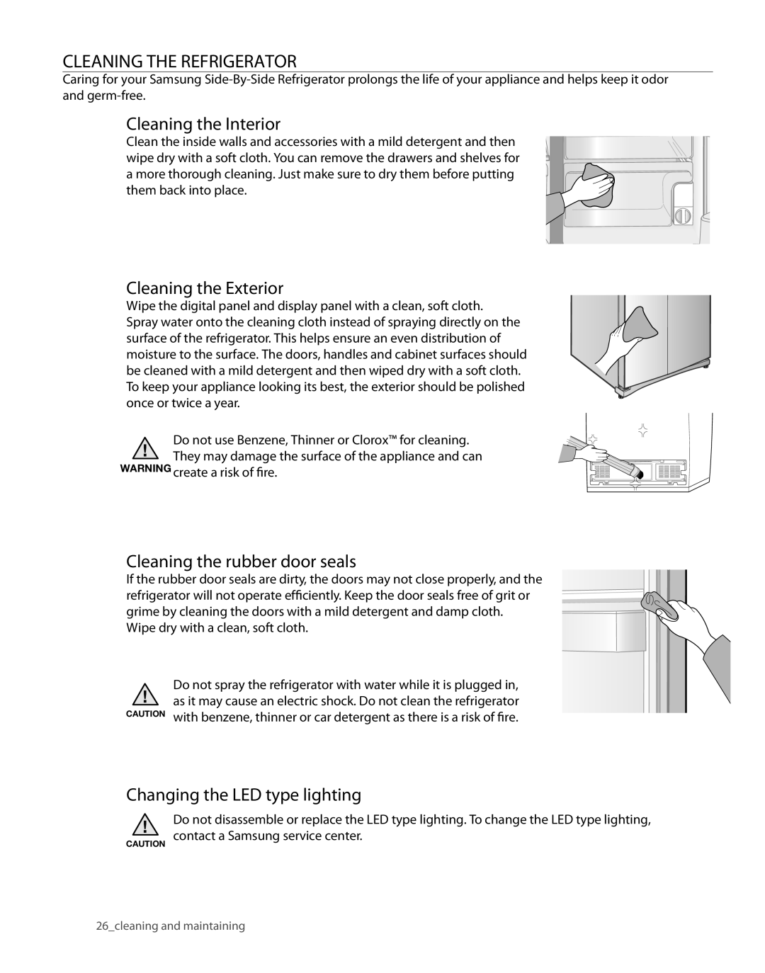 Samsung RS261MDWP Cleaning The Refrigerator, Cleaning the Interior, Cleaning the Exterior, Cleaning the rubber door seals 