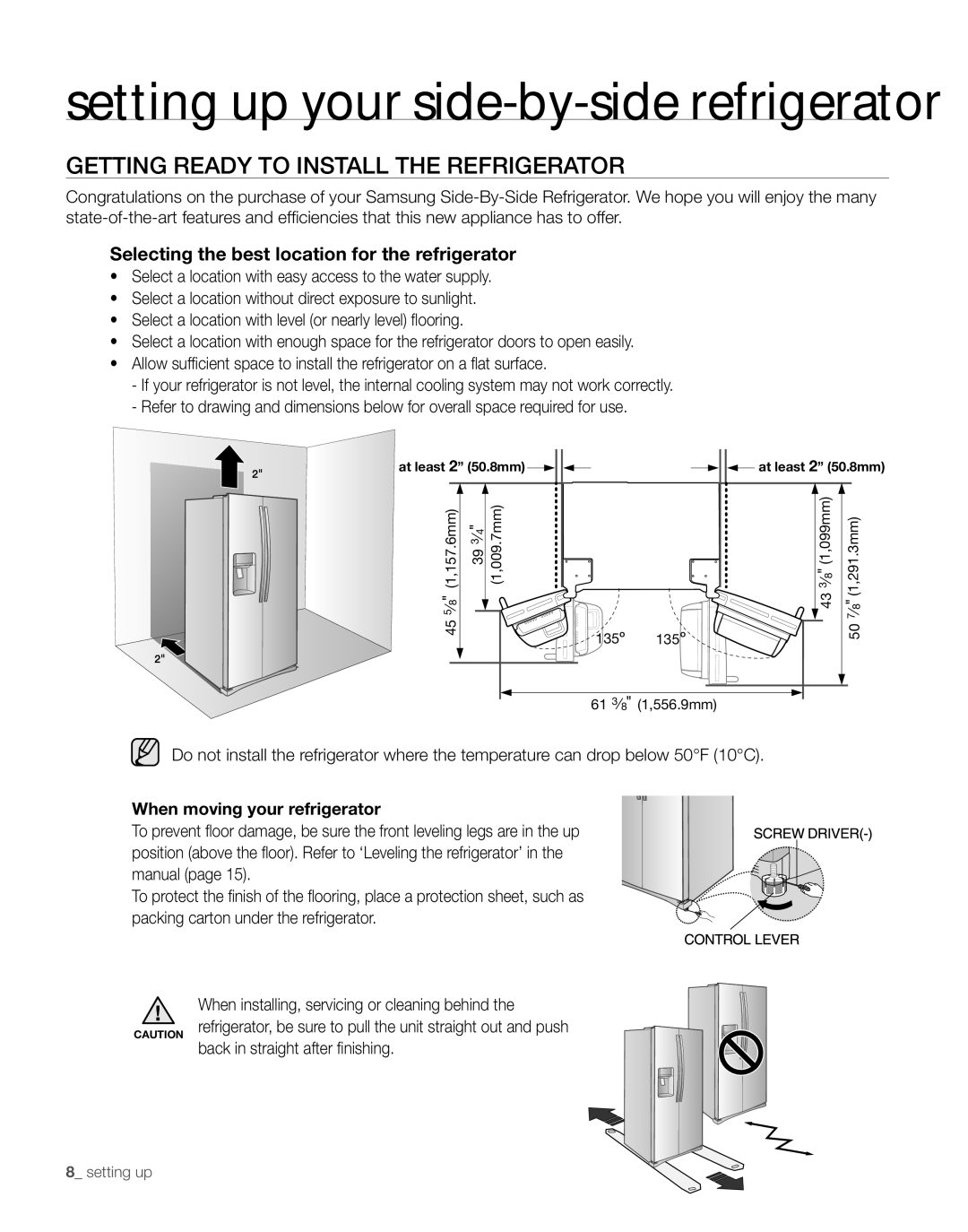 Samsung RS261MDRS, RS261MDBP setting up your side-by-side refrigerator, Getting ready to install the refrigerator 