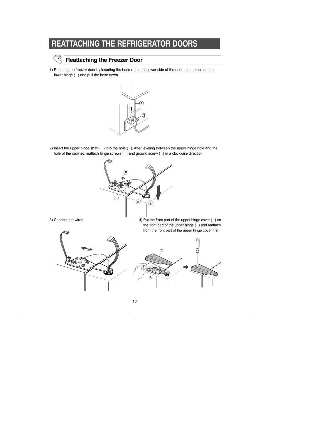 Samsung RS2630** installation instructions Reattaching the Refrigerator Doors, Reattaching the Freezer Door 