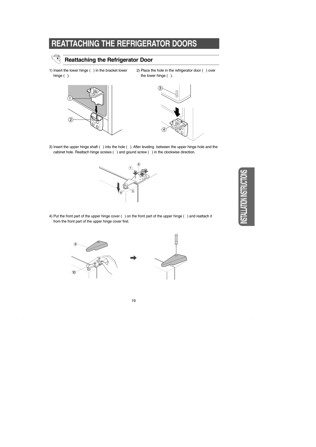 Samsung RS2630** installation instructions Reattaching the Refrigerator Door 