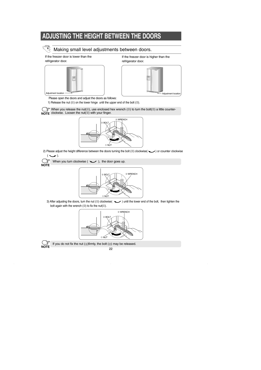 Samsung RS2630** installation instructions Adjusting the Height Between the Doors 