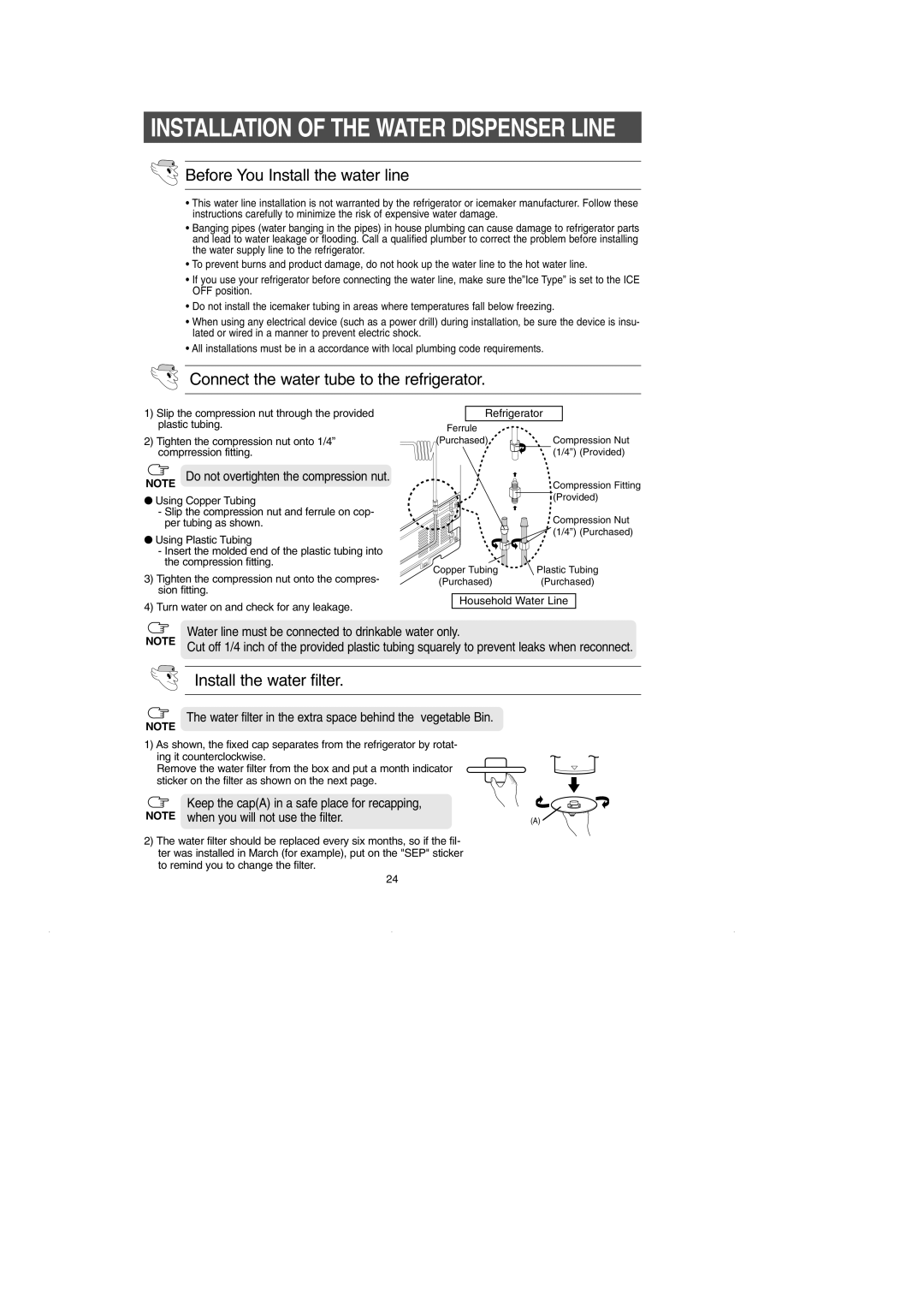 Samsung RS2630** installation instructions Installation of the Water Dispenser Line 