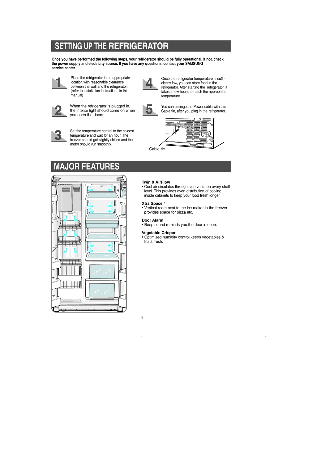 Samsung RS2630** installation instructions Setting UP the Refrigerator, Major Features 