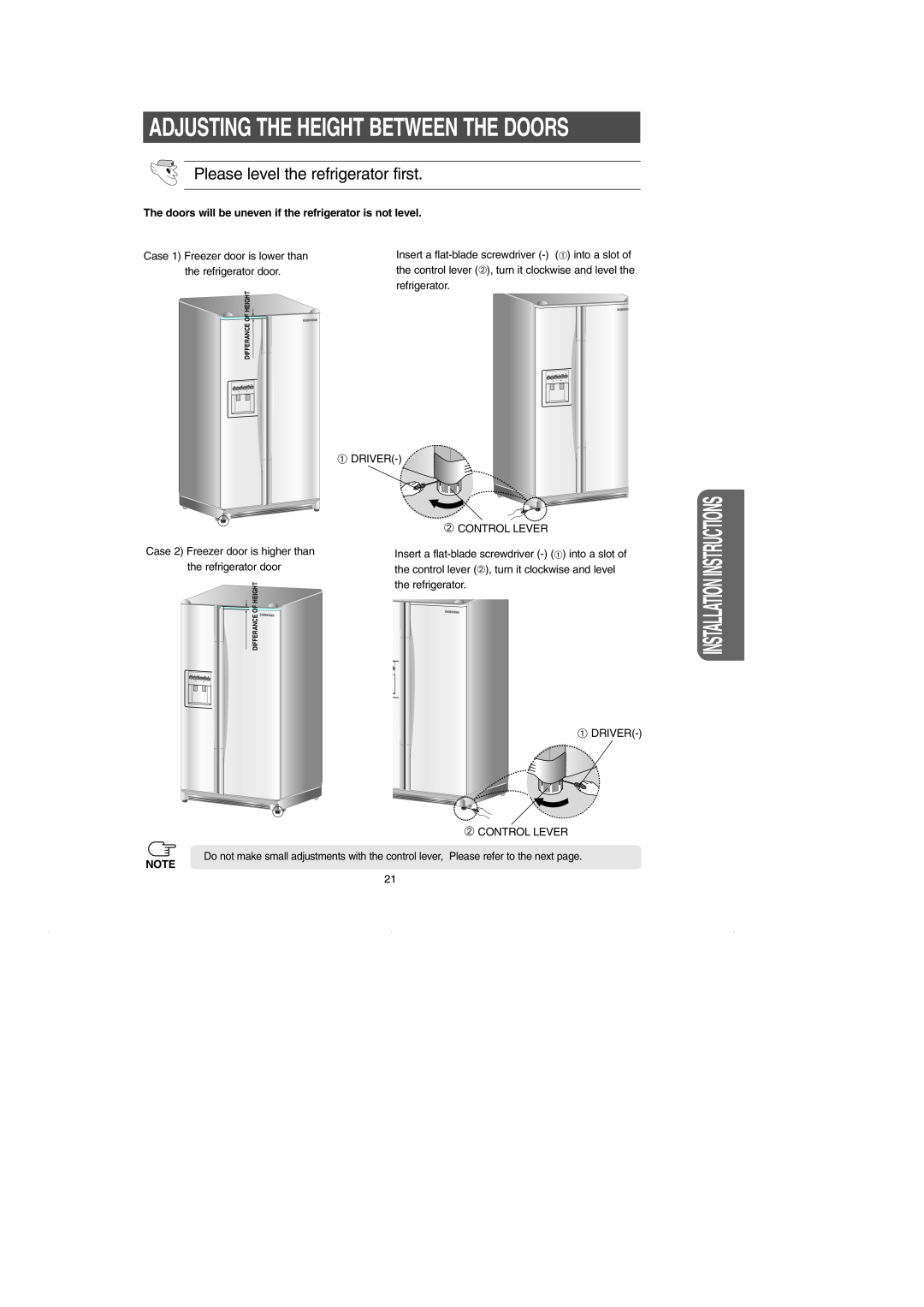 Samsung RS2630** Installation Instructions, Adjusting The Height Between The Doors, Differance Of Height 
