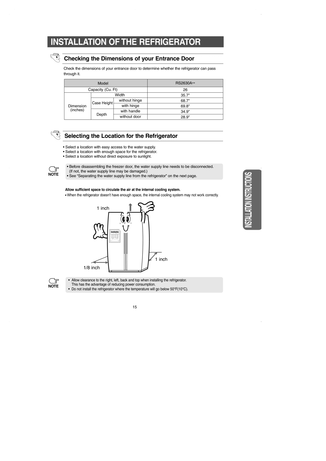 Samsung RS2630A** installation instructions Installation of the Refrigerator, Checking the Dimensions of your Entrance Door 