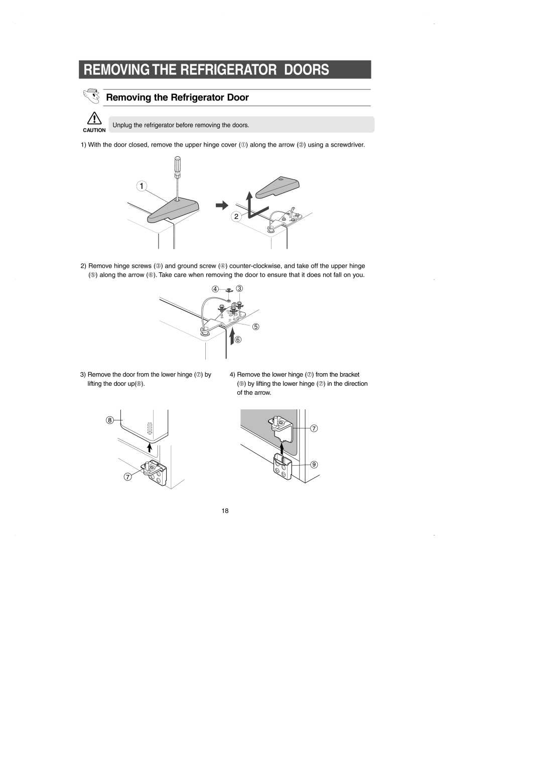 Samsung RS2630A** installation instructions Removing the Refrigerator Door, ➃ ➂ 