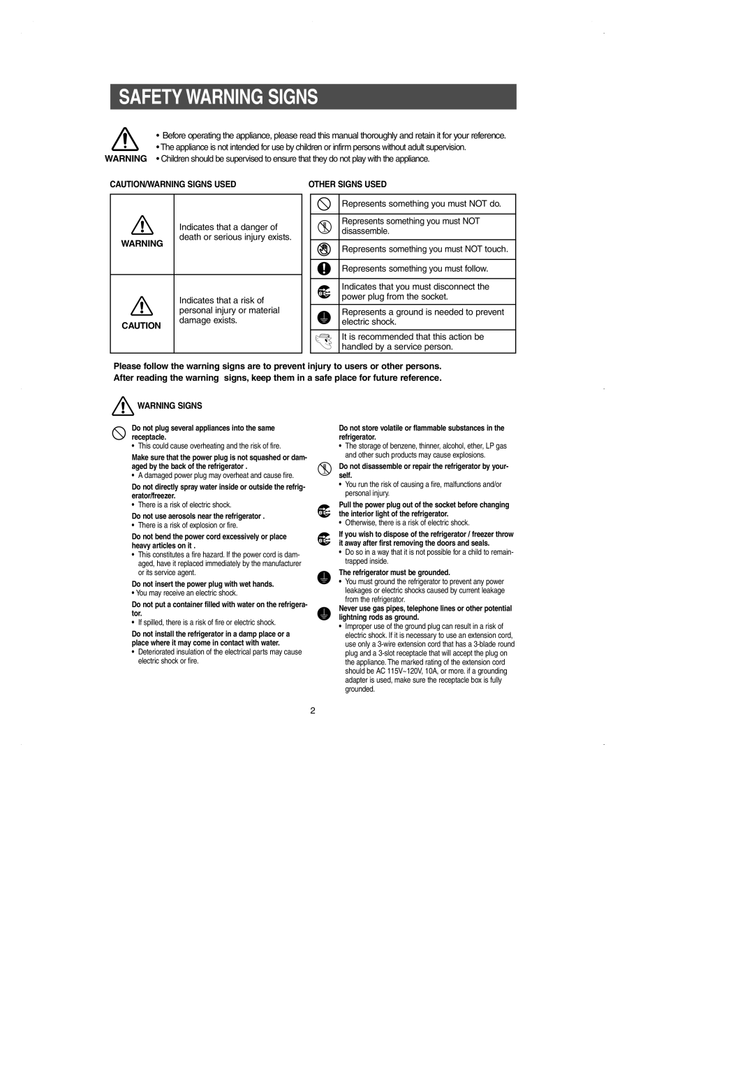 Samsung RS2630A** installation instructions Safety Warning Signs, Other Signs Used 