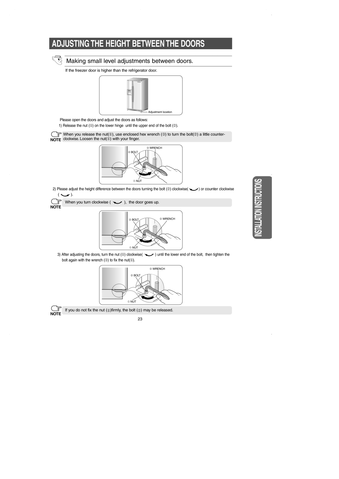 Samsung RS2630A** Adjusting the Height Between the Doors, Making small level adjustments between doors 