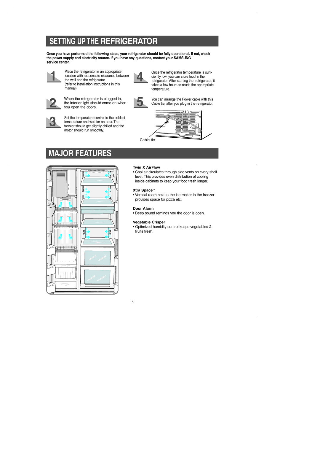 Samsung RS2630A** installation instructions Setting UP the Refrigerator, Major Features 