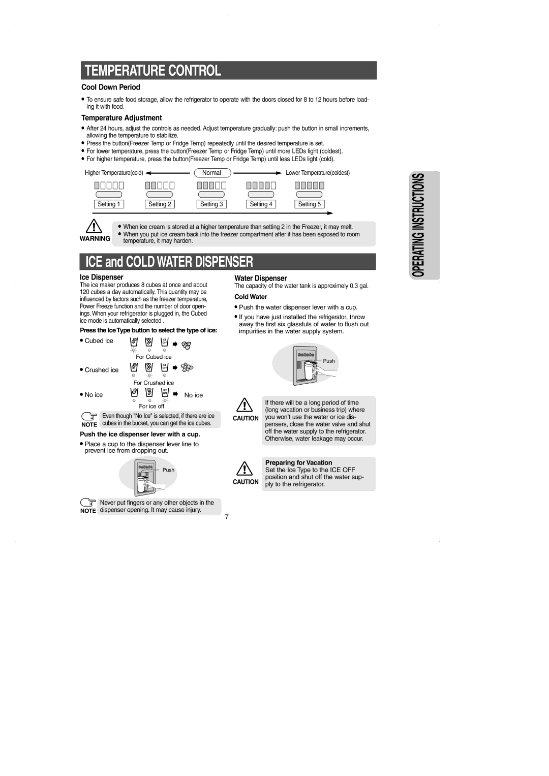 Samsung RS2630A** Temperature Control, Press the IceType button to select the type of ice, Cold Water 