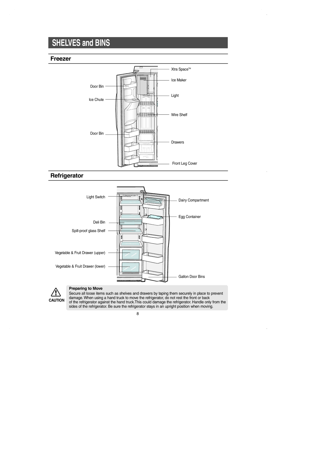 Samsung RS2630A** installation instructions Freezer, Refrigerator, Preparing to Move 