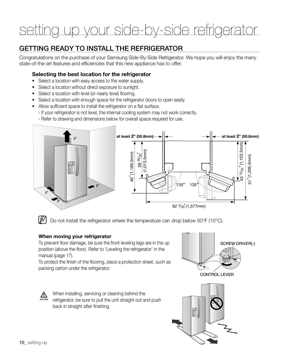 Samsung RS263TDWP, RS263TDRS setting up your side-by-side refrigerator, Getting ready to install the refrigerator 