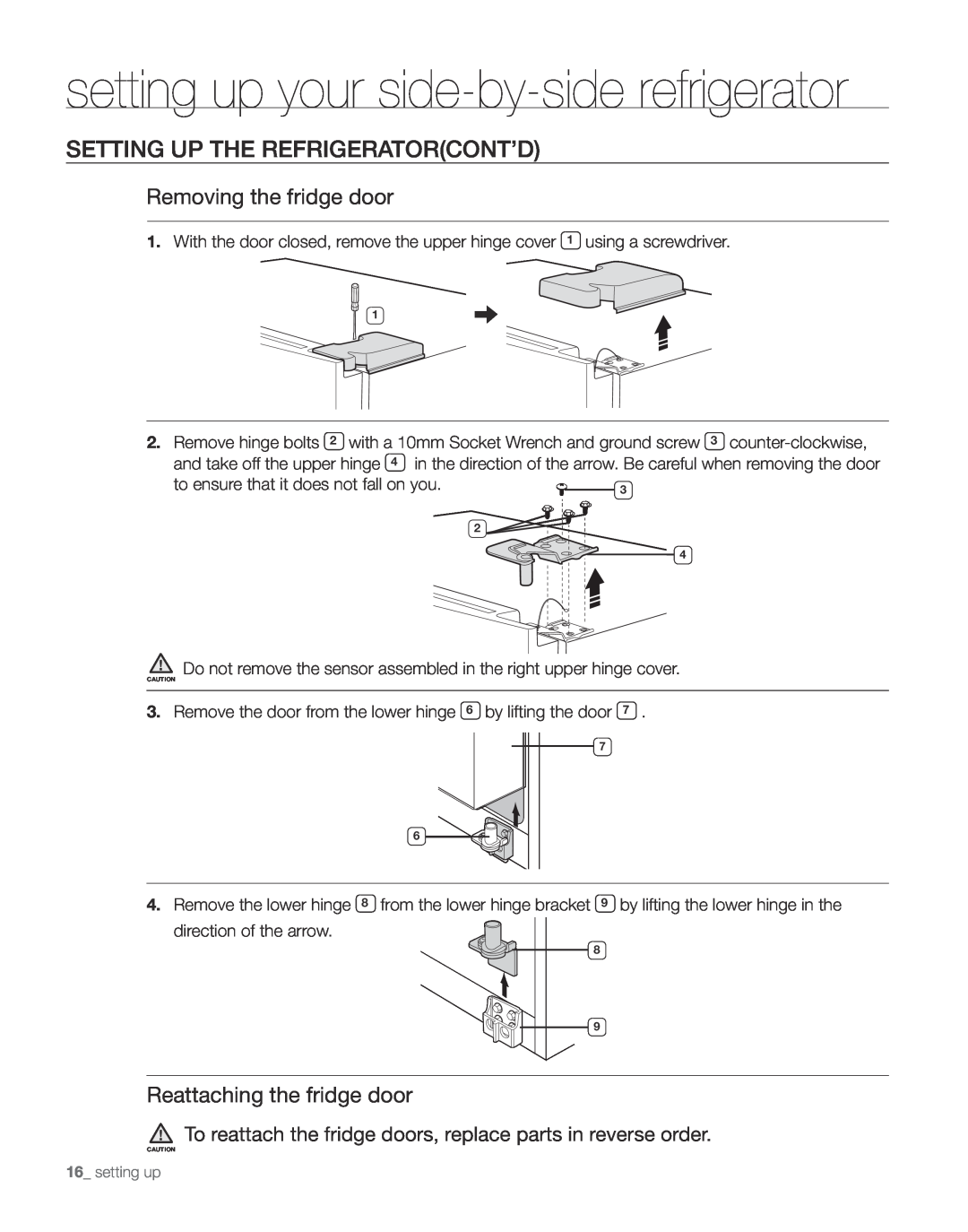 Samsung RS263TDRS Removing the fridge door, Reattaching the fridge door, setting up your side-by-side refrigerator 