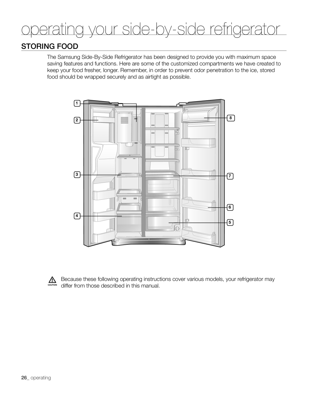 Samsung RS263TDWP, RS263TDRS, RS263TDPN, RS263TDBP user manual Storing food, operating your side-by-side refrigerator 