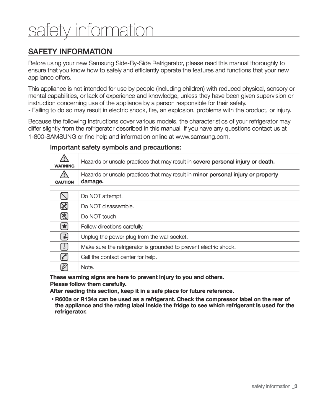 Samsung RS263TDBP, RS263TDRS, RS263TDPN safety information, Safety Information, Important safety symbols and precautions 