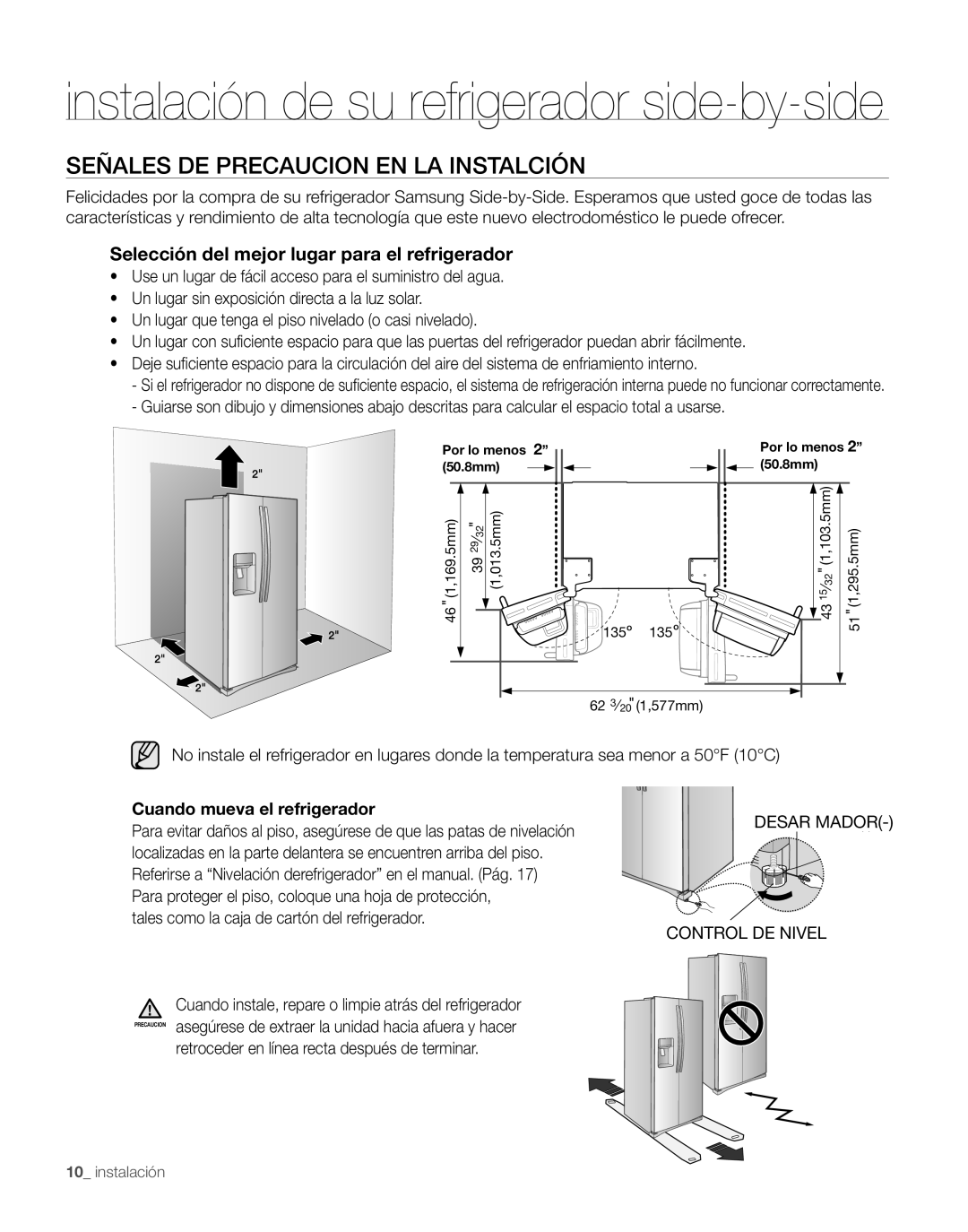 Samsung RS263TDRS, RS263TDPN, RS263TDWP instalación de su refrigerador side-by-side, Señales De Precaucion En La Instalción 