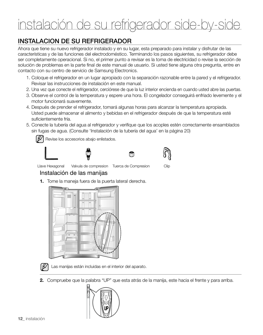 Samsung RS263TDWP Instalacion De Su Refrigerador, Instalación de las manijas, instalación de su refrigerador side-by-side 